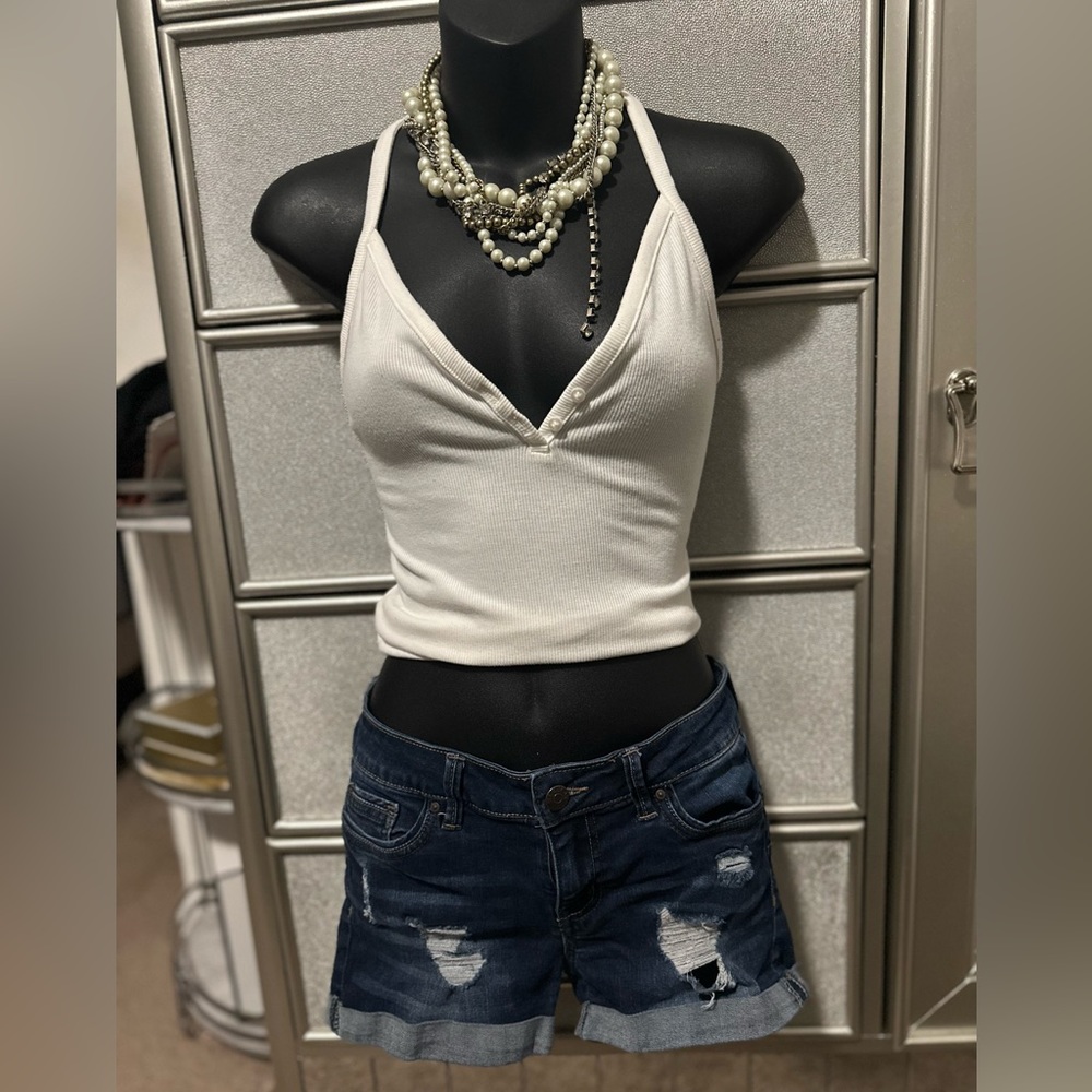 Dark Denim Distressed Stretchy Jean Shorts